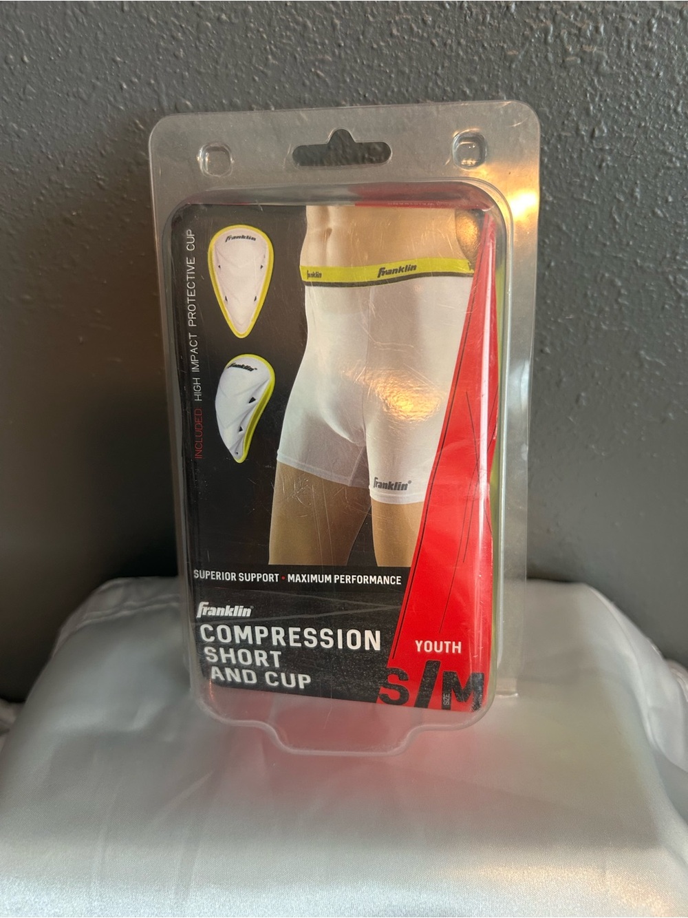 Franklin Youth Compression Shorts with Cup - White with Yellow Trim